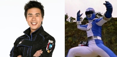 A picture of Gareth Yuen in left and again Gareth as Blue Ranger in right